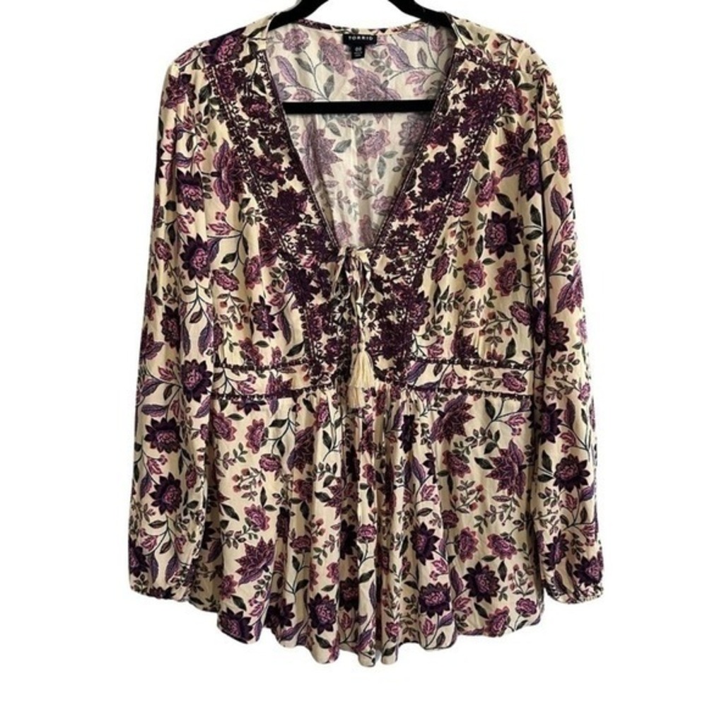 Torrid Babydoll Embroidered Lace Up‎ Tunic Top Pink Floral Medium/Large